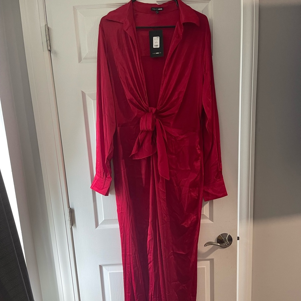 Fashion Nova Red Stretch Satin Jumpsuit.